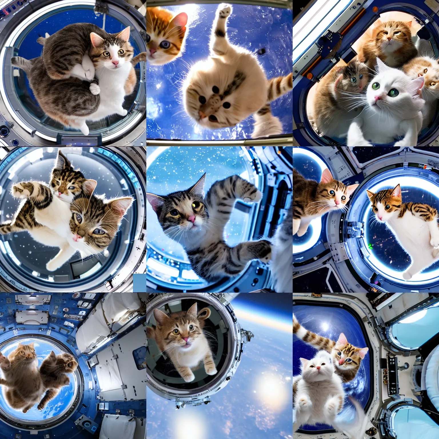 Prompt: Photo of cats floating inside the International Space Station in zero gravity, highly-detailed 4K award-winning