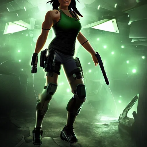 Prompt: Cyborg Lara Croft with white hair, green eyes, exploring futuristic base, Deus Ex elegant clothes, illuminated by surrounding lights, high quality, highly detailed