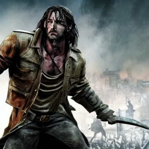 Image similar to trevor belmont in world war z, dynamic posing, illuminated face from the moon