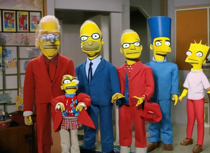 Image similar to still from a live - action tv show in the style of thunderbirds with marionette puppets, starring the characters of the simpsons in springfield. wooden puppets wearing clothing made of fabric. photographic ; realistic ; highly - detailed.