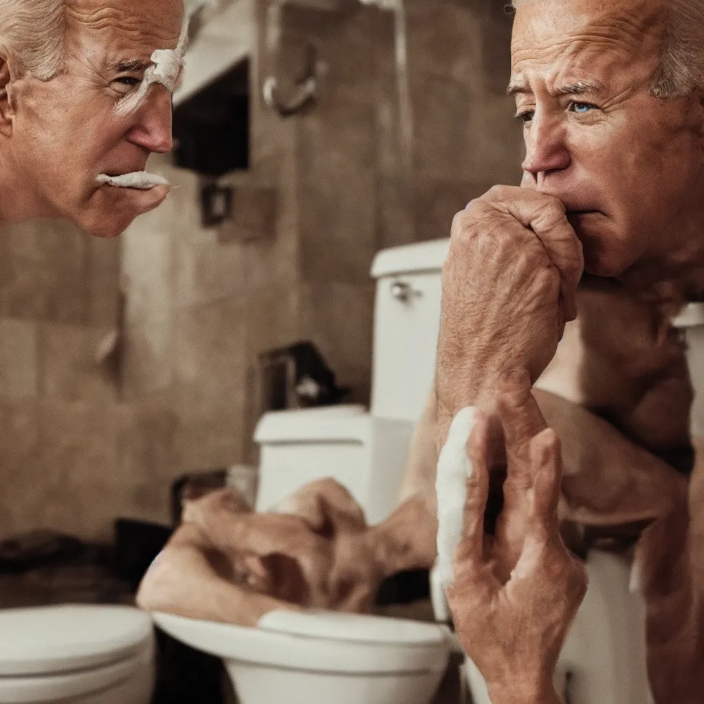 Image similar to joe biden picking his nose while sitting on the toilet, cinematic framing, cinematic lighting, hdr, gritty, movie still, 4k, 70s psychedelic style