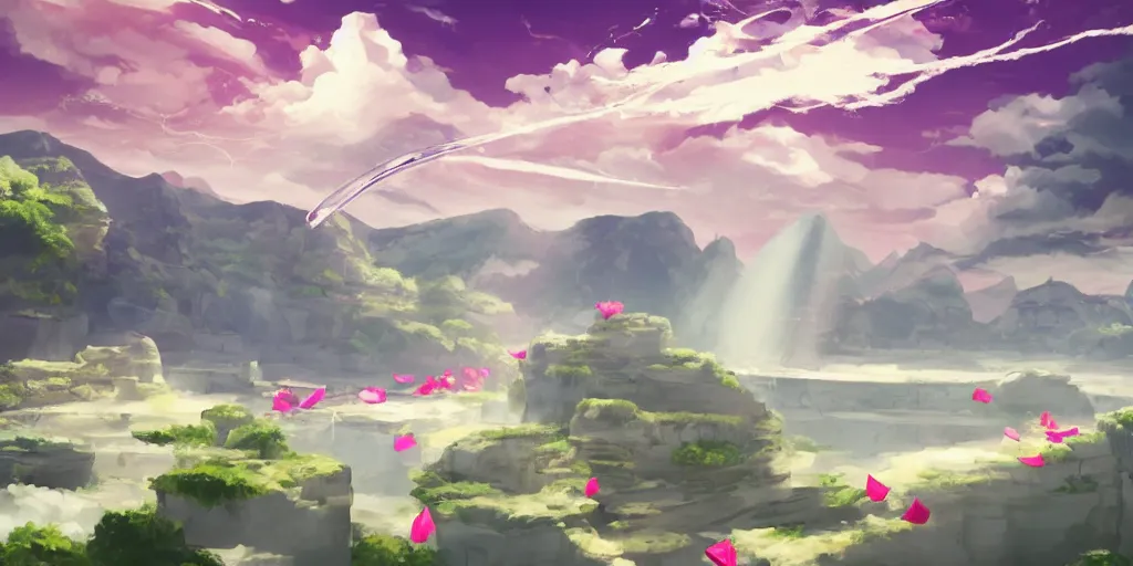 Image similar to background art of flying longswords flowing and floating through the slicing through directional wind on a simple cloudy sky background featuring a canyon bridge, big puffy clouds, large individual rose petals, lotus petals, angular background elements, large polygonal fragments, anime, studio ghibli, artgerm, manga, trending on artstation, art nouveau, mature color scheme