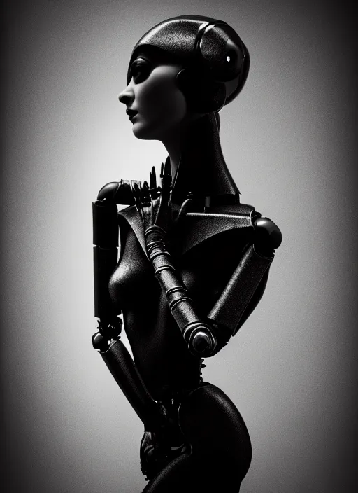 Prompt: surreal mythical dreamy dark artistic black and white fine art fashion portrait photo of a young beautiful delicate female robot - witch, rim light, cinematic, studio dramatic light, poetic, masterpiece, octane render, 8 k, photo - realistic by gustave dore william black