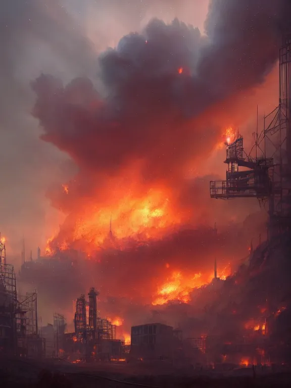 Image similar to photo of 8k ultra realistic oilfield on fire, ,heavy clouds, smoke, full of colour, cinematic lighting, battered, trending on artstation, 4k, hyperrealistic, focused, extreme details,unreal engine 5, cinematic, masterpiece, art by Peter Mohrbacher