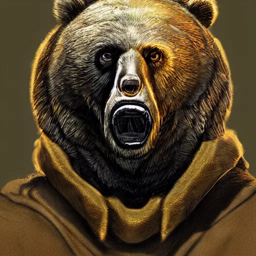 Image similar to portrait of bear beast-man wearing a hazmat suit, digital art, concept art, highly detailed, sharp focus