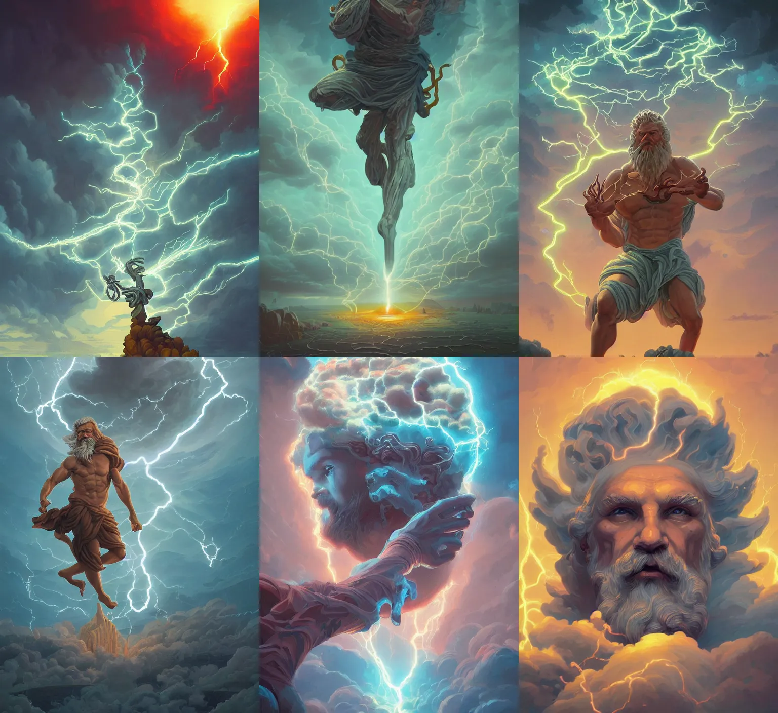 Prompt: intricate rendered portrait of Zeus the Greek god of lightning by Peter mohrbacher and Dan mumford and beeple, trending on cgsociety, lightning clouds MTG cards