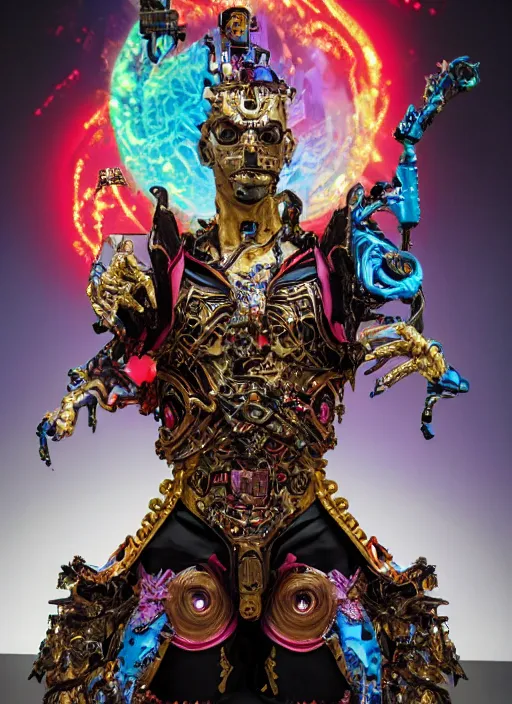 Image similar to baroque and cyberpunk style full-body sculpture of a young evil Hispanic prince half android with a chest exposing a glowing ruby battery, glowing pink seductive laser eyes, crown of blue gears and diamonds, swirling salmon-colored silk fabric, robotic raptors dinosaurs. baroque elements. full-length view. intricate artwork by caravaggio. art by Artgerm and Greg Rutkowski and Alphonse Mucha, Trending on artstation, cinematic industrial lighting, photorealistic, octane render, 8k, depth of field, 3D
