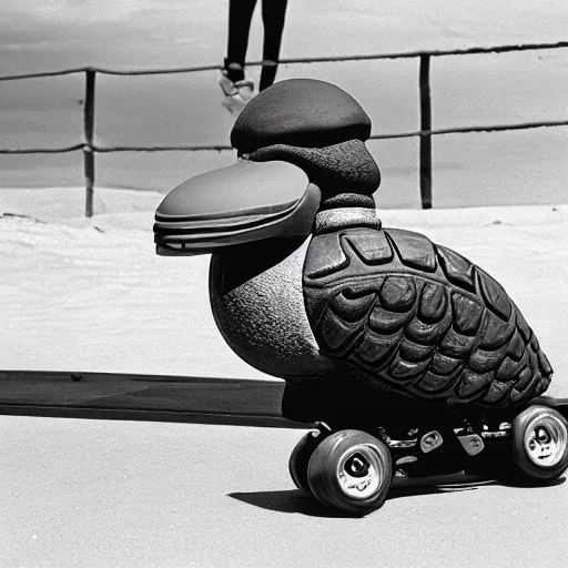 Prompt: a dodo wearing a ballcap and gold chain around its neck, on a hover board at a skate park at the beach, 1990s cartoon, teenage mutant ninja turtles