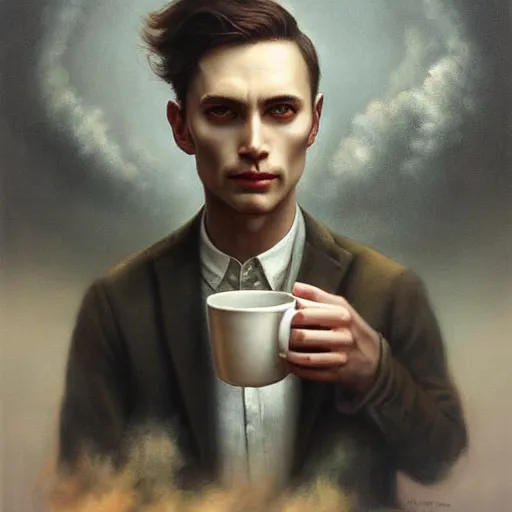 Image similar to by tom bagshaw, ultra realist soft painting of a daily clothed man drinking his coffee while watching the bomb explode, partial symmetry accurate features, very intricate details, focus, curvy, award winning, ultra dense fog