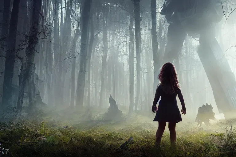 Prompt: the great beyond, sci - fi scene future new york, little girl holding a hand of a big robot, forest punk, crepuscular rays, epic scene, hyper realistic, photo realistic, overgrowth, cinematic atmosphere, ethereal lighting, style of john - waterhouse