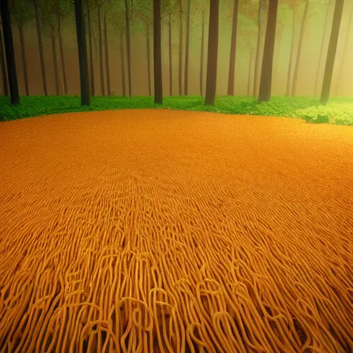 Image similar to a forest made of pasta, in the foreground a lake made of milk and ketchup, sharp focus, octane render, unreal engine 5, 4 k