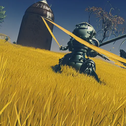 Image similar to a high resolution very detailed image from nier : automata of the russian tank final boss fight, in yellow rye field under blue sky