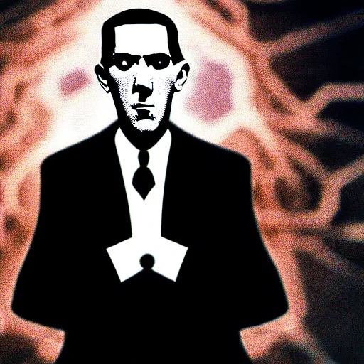 Image similar to h p lovecraft posing for a camera, holding up an eye during an photoshoot for his early 2 0 0 0's techno album, coloring reminiscent of the 2 0 0 0 s, artstation, detailed