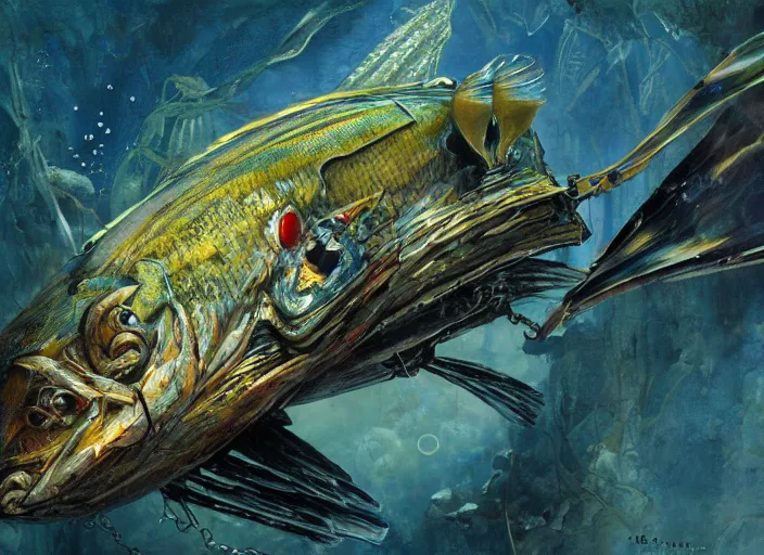 Image similar to macro closeup robotic pike fish, glowing veins, subsurface scattering, underwater, boston dynamics, by gerald brom, by mikhail vrubel, by peter elson, muted colors, extreme detail, trending on artstation, 8 k