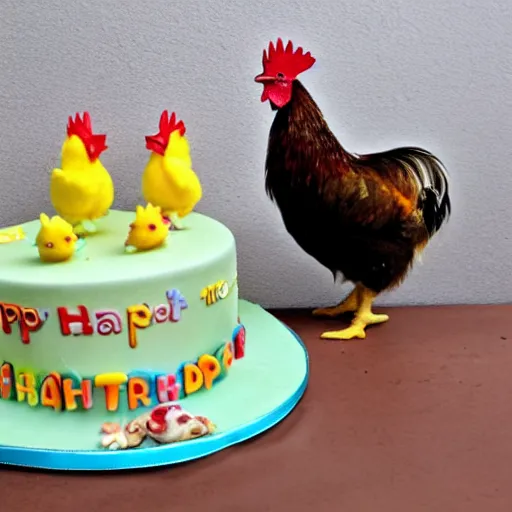 Image similar to one small hatchling baby chick and one big rooster stand near a birthday cake