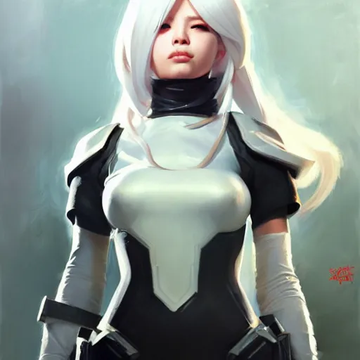 Image similar to greg manchess portrait painting of a 2 yorha type a no. 2 as overwatch character, white long hair, organic painting, sunny day, matte painting, bold shapes, hard edges, street art, trending on artstation, by huang guangjian and gil elvgren and sachin teng