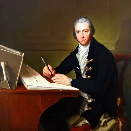 Image similar to 18th century portrait of a man sitting at his desk, frustrated with his computer, oil painting, very detailed, 4k, brush strokes