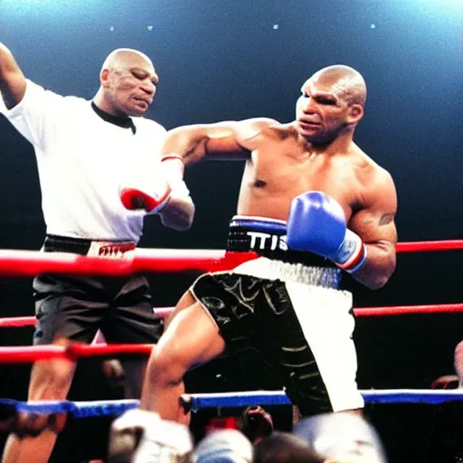 Prompt: Mike Tyson in the boxing Ring with popstar Michael Jackson at Madison square garden 1990