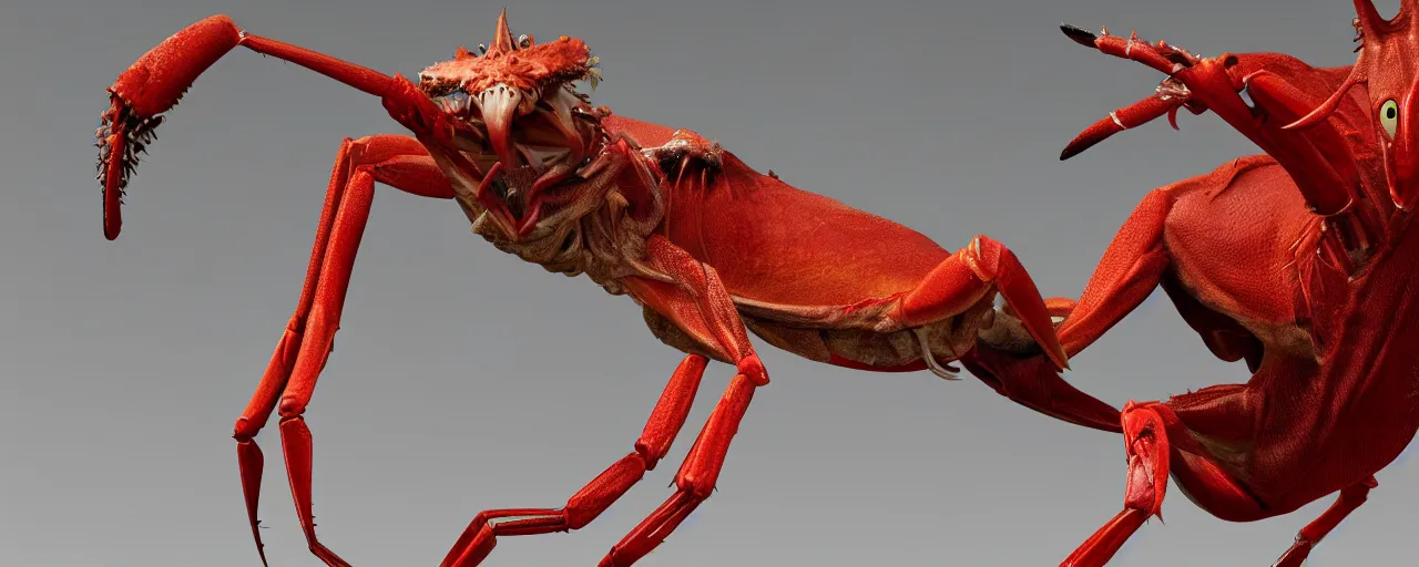 Prompt: creature design, a gazelle with red crustacean carapace, fiddler crab claws, palp eyes, cryptid, cinematic lighting, octane render, cinematic aura lighting, atmospheric, photorealistic, hyperdetailed 3 d matte painting, hyperrealism, hyperrealistic