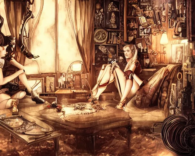 Image similar to women in the interior of a steampunk apartment, Milo Manara, night time, Margot Robbie, Scarlett Johanson, zoey Deschannel, smoking cigarettes, playing board games, highly detailed, Tarantino movie posters, melancholy, level design, concept art, artstation, cgsociety, zenith view H- 350