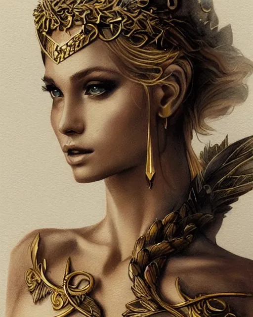 Image similar to tattoo design sketch of cute beautiful blonde super model as aphrodite greek goddess wearing a gold laurel wreath and triangle earrings, beautiful piercing gaze with sharp pupils, in the style of greg rutkowski, fantasy, amazing detail, epic, elegant, smooth, sharp focus, front view