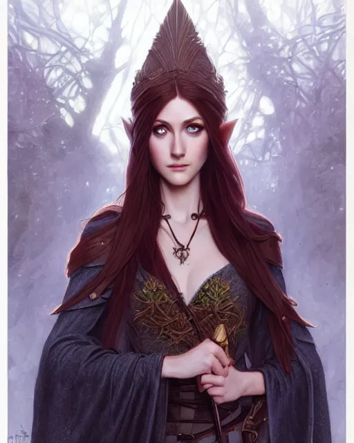 Image similar to portrait of katherine mcnamara elven mage, dark, piercing eyes, gentle expression, elegant clothing, photorealistic, highly detailed, artstation, smooth, sharp focus, art by michael whelan, artgerm, greg rutkowski and alphonse mucha