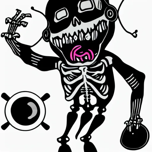 Image similar to svg sticker of a Dancing-Zombie-Skeleton, at a rave, spinning records, giant headphones rocking out, wearing headphones, huge speakers, dancing, rave, DJ, spinning records, digital art, amazing composition, rule-of-thirds, award-winning, trending on artstation, featured on deviantart