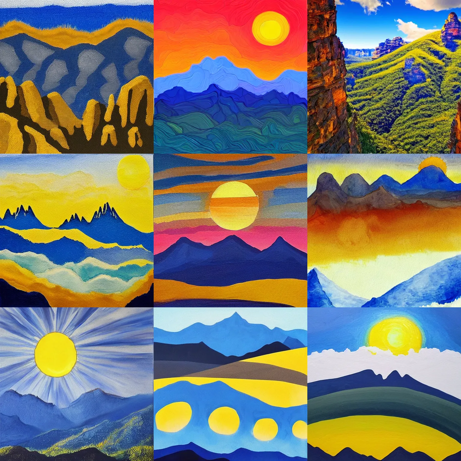 Prompt: very very very beautiful artwork of layered blue mountains with a white background, a bright yellow sun.