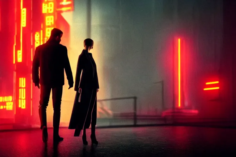 Prompt: film still of closeup beautiful russian models couple in blade runner 2 0 4 9, cinematic, moody, gritty neon noir by emmanuel lubezki