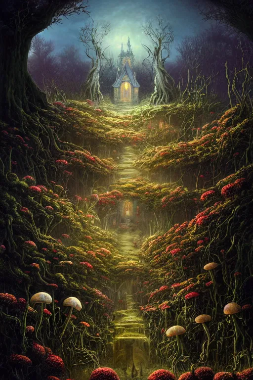 Prompt: a beautiful digital illustration painting of a detailed gothic fantasy sparkles and overgrown roots, dark mushroom, flowers by benoit b. mandelbrot, steven belledin, martin johnson heade, lee madgwick, caspar david friedrich, and david rios ferreira. 8 k resolution trending on artstation concept art digital illustration