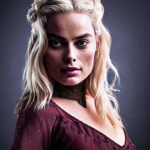 Image similar to A mix of margot robbie and khaleesi, portrait, highly detailed, professional photograph, studio lighting, sharp, 8k, HD