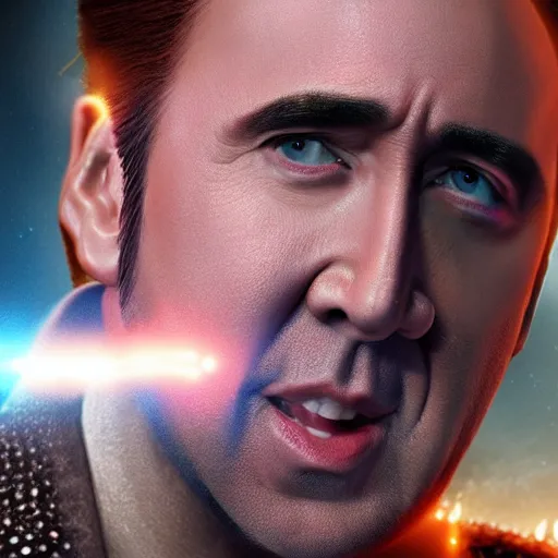 Prompt: Nicolas Cage is ultra fast blazing lasers, epic scenery, dramatic lights, dynamic laser beams, ultra realistic, hyperrealism, octane render, 8k, super sharp, crisp edges, smooth symmetrical face, golden ratio, 16k,