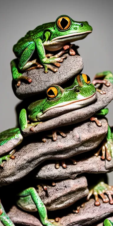 Prompt: a tower of frogs stacked on top of each other, 4k nature photography