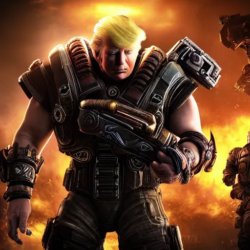 Image similar to Photo portrait of Donald Trump as Spartan in Gears of War, splash art, movie still, detailed face, photorealistic facial features, cinematic lighting, dramatic, octane render, long lens, shallow depth of field, bokeh, anamorphic lens flare, 8k, hyper detailed, 35mm film grain