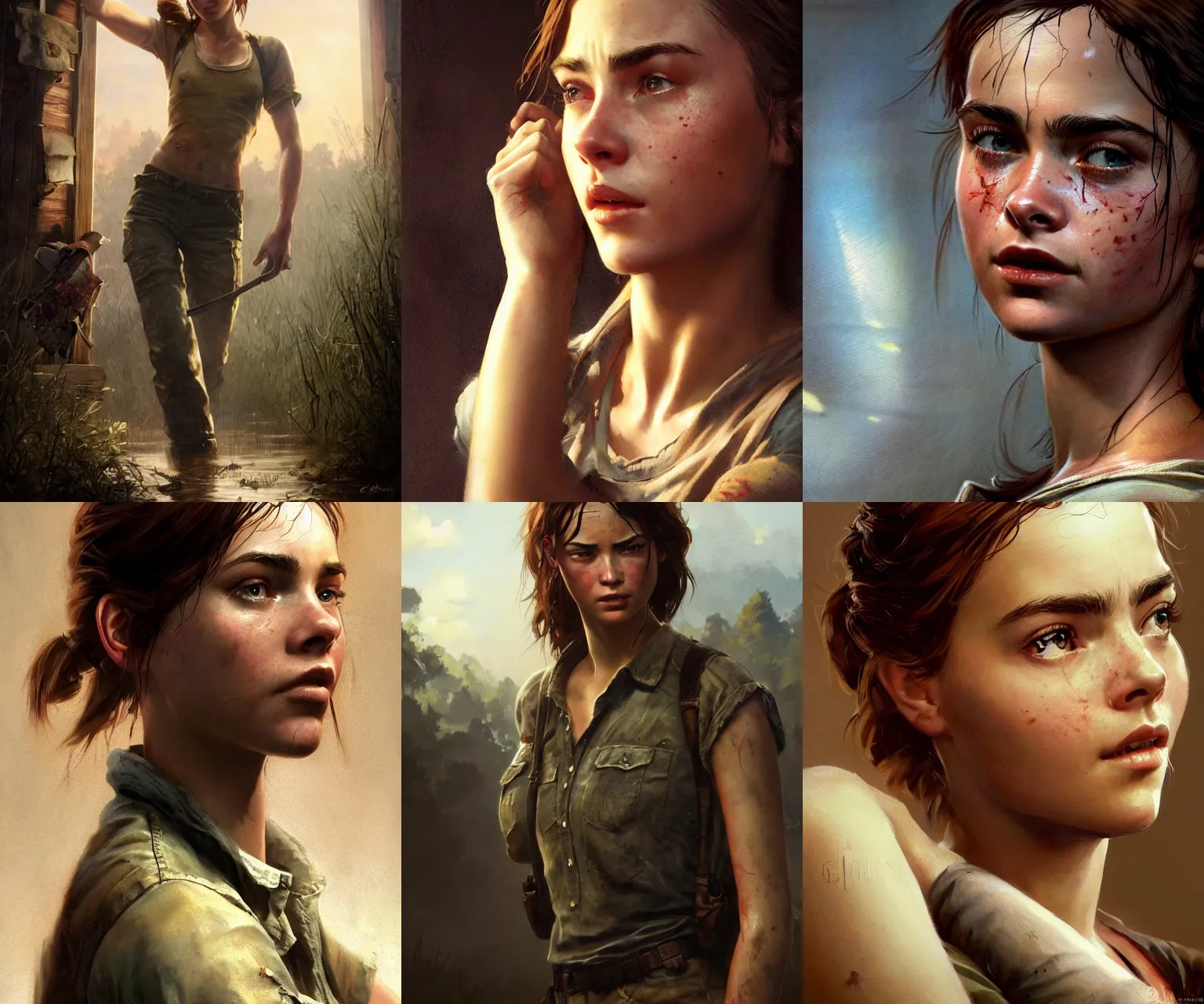 Prompt: a beautiful cinematic masterpiece painting of cara delavigne as ellie from last of us 2, by gil elvgren, by frank frazetta, by greg rutkowski, trending on artstation, featured on pixiv, clothed non - nude portrait, hyper detailed, beautiful studio lights, intricate elegant digital painting, cinematic composition dramatic pose, smooth, sharp focus,