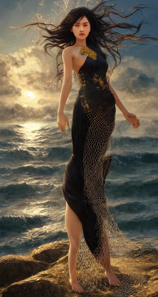 Prompt: ! dream photorealistic long shot of a dark mystical goddess wearing a qipao dress, big sun rough sea and jagged rocks, nets, plastic bottles, garbage, sand and sea, golden hour, ao dai, environmental, fantasy, atmospheric, hyper realistic, artstation, art by artgerm, andres rodriguez and john william waterhouse