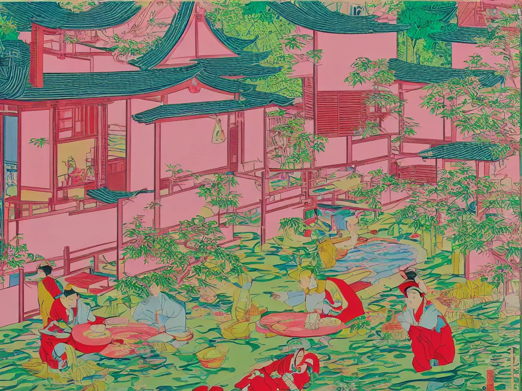 Image similar to image of a traditional japanese house with a garden, a pond in the garden, pink children are sitting around it, a combination of pop art and traditional japanese painting styles, the style of andy warhol, roy lichtenstein and jackie tsai, bright palette, acrylic on canvas