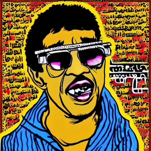 Image similar to omar souleyman in the style of daniel johnston and outsider art, 4k, overlaid with arabic text