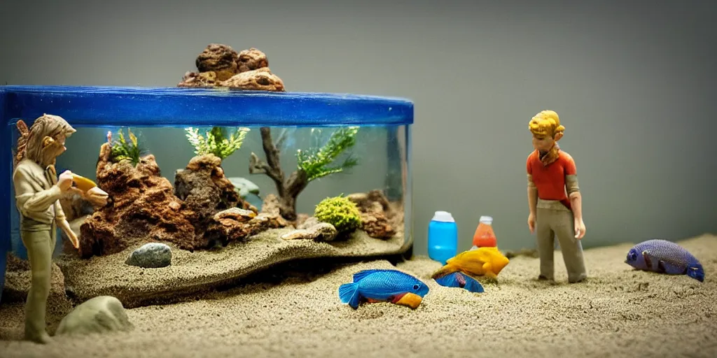 Prompt: fish tank in waiting room. plasticine model of newt. figures clay. weird. surreal. tank with sand. strange. bubbles. tilt shift. tank. photorealistic.