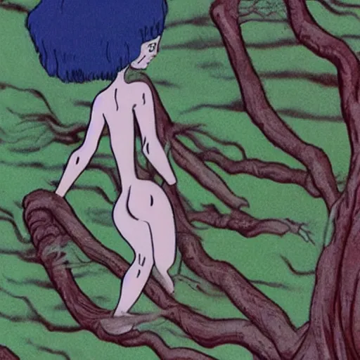 Prompt: a giant blue female draag from the movie the fantastic planet is holding a boy in her hand kneeling down with twisted trees in the background