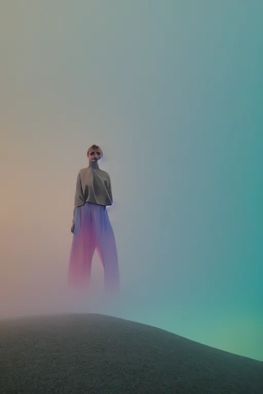 Image similar to high quality pastel coloured film close up wide angle photograph of a model wearing clothing resting on cloud furniture in a icelandic black rock!! environment in a partially haze filled dreamstate world. three point light, rainbow. photographic production. art directed. pastel colours. volumetric clouds. pastel gradient overlay. waves glitch artefacts. extreme facial clarity. 8 k. filmic.