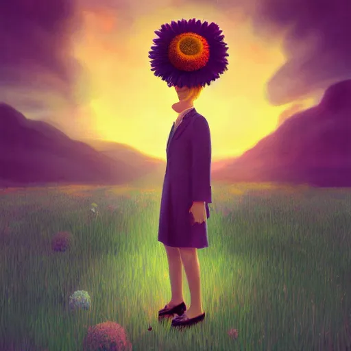 Image similar to giant daisy flower head, frontal, a girl in a suit, surreal photography, sunrise, dramatic light, impressionist painting, digital painting, artstation, simon stalenhag