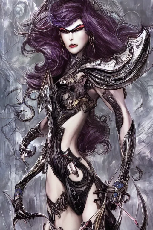 Image similar to bayonetta, DC, cute, fantasy, intricate, elegant, highly detailed, digital painting, 4k, HDR, concept art, smooth, sharp focus, illustration, art by jim lee