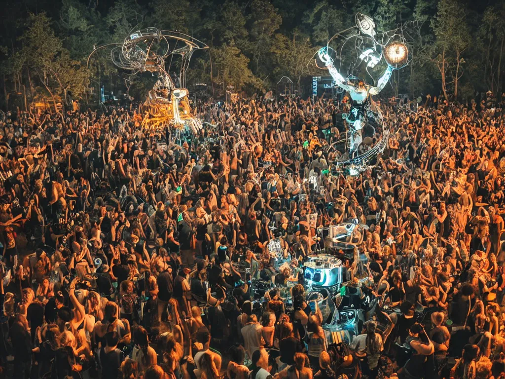 Image similar to a cyborg dj is playing a vast array of highly evolved and complex musical technology on a stage surrounded by an incredible and complex circular robotic structure playing highly evolved music overlooking a crowd at a forest festival lit by fire