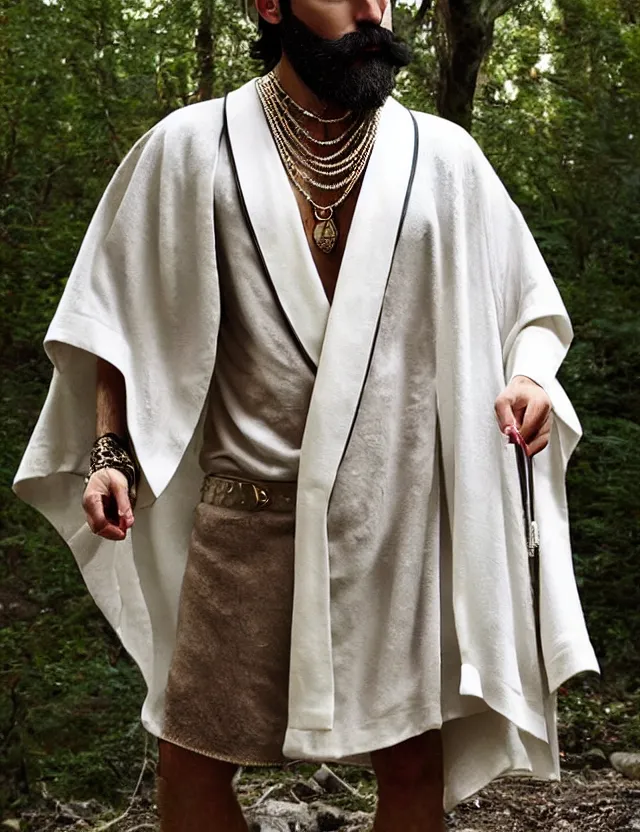 Image similar to longshot full modern ancient greek costume chiseled chin full beard shaved head nature creek river stream stones in the woods marc jacobs gucci intricate detailed handsewn textile robes chains necklace