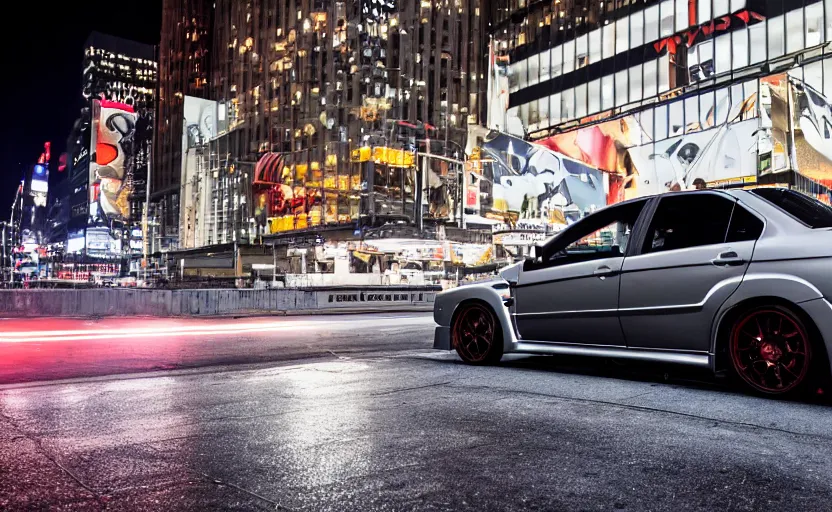 Image similar to Mitsubishi Lancer Evo in downtown New York City at night, highly detailed, 4k photo, DSLR,