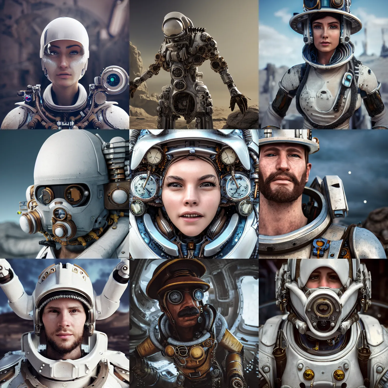 Prompt: portrait photography of a steampunk builder, with futuristic white armor, in an alien planet, ultra detail, high detail, 8 k, octane render