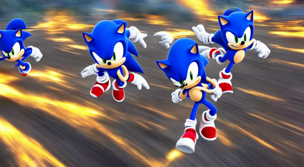 Prompt: Sonic going really fast, dramatic shot, motion blur, action, blue streaks, ultra realistic, cinematic