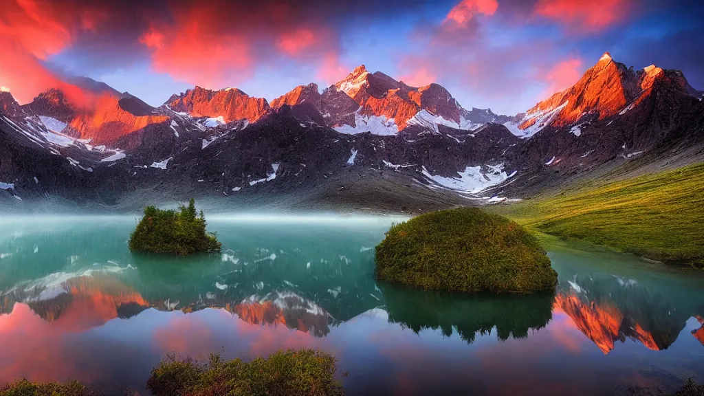 Image similar to amazing landscape photo of mountains with lake in sunset by marc adamus, beautiful dramatic lighting