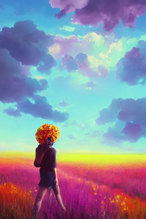 Image similar to giant flower head, girl walking in a flower field, surreal photography, sunrise, dramatic light, impressionist painting, colorful clouds, digital painting, artstation, simon stalenhag